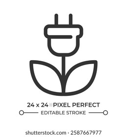 Sustainable energy line ui icon. Flower with plug and leaves. Eco friendly power sources. Alternative generation. Isolated vector outline symbol. Webdesign user interface element linear, pixel perfect