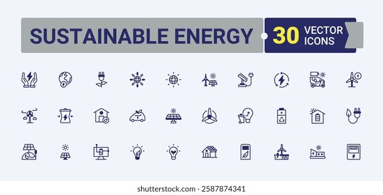 Sustainable Energy minimal icon set. Includes thin line carbon, solar, water, planet, hydropower, photovoltaic, renewable and more. Minimalistic icon. Outline and solid pictogram.