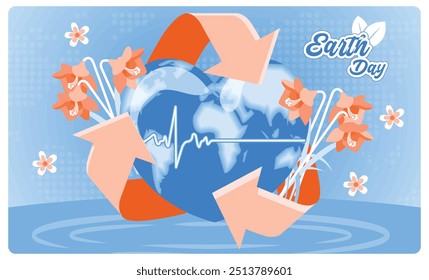 Sustainable energy. Recycle waste to create an environmentally friendly earth. Earth Day concept. Flat vector illustration.