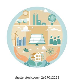 Sustainable Energy and Renewable Resources Concept in Circular. Human hands holding earth with non polluting eco friendly energy sources. 