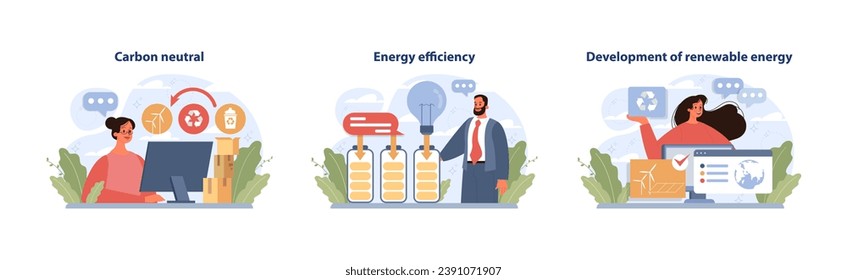 Sustainable energy set. Professionals showcasing carbon neutrality, innovative energy efficiency methods, and promoting renewable energy solutions. Eco-friendly, modern technologies. Flat vector