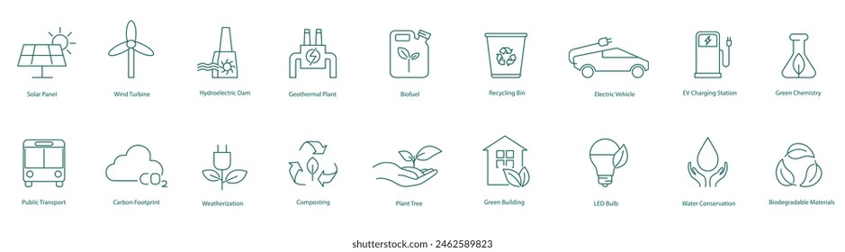 Soluciones energéticas sostenibles e iconos vectoriales de conservación ambiental