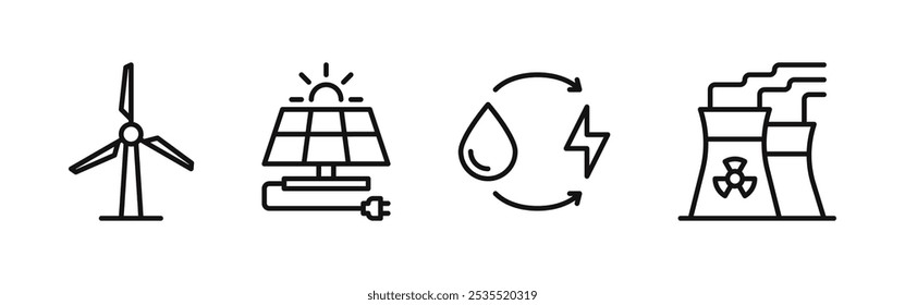 Soluções de energia sustentável e conservação ambiental. Painéis solares, energia eólica, hidrelétrica e nuclear. Ilustração vetorial.