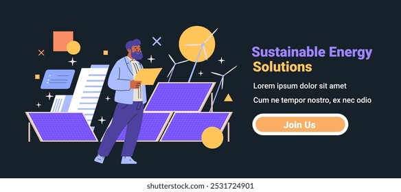 Homem de soluções de energia sustentável com painéis solares turbinas eólicas fundo escuro website banner