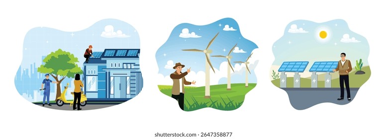 Sustainable energy solutions. Renewable energy and environmental conservation. Entrepreneurs introduce solar panels for environmentally friendly sources of electricity.