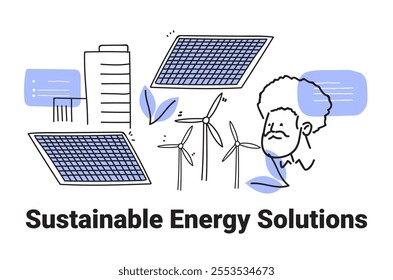 Sustainable energy solutions solar panels wind turbines buildings minimalist hand drawn style