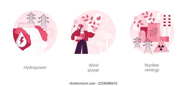 Sustainable energy source abstract concept vector illustration set. Hydropower, wind power and nuclear energy, dam turbine, green electricity supply, uranium atom, environment abstract metaphor.