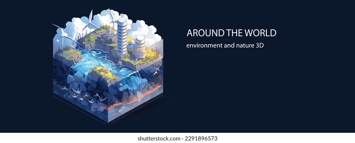 Sustainable Energy Sources Design a vector illustration showcasing various sustainable energy sources, such as solar panels, wind turbines, and hydroelectric dams 