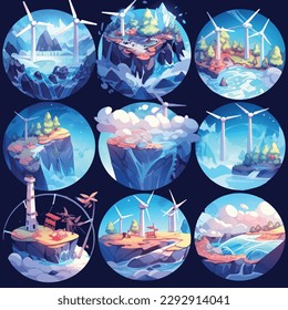 Sustainable Energy Sources
Design a vector illustration showcasing various sustainable energy sources, solar panels, wind turbines, and hydroelectric dams.