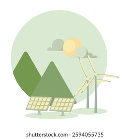 Sustainable energy sources. Including solar panels and wind turbines against a natural backdrop emphasizing sustainability and clean energy solutions. Flat vector modern illustration 