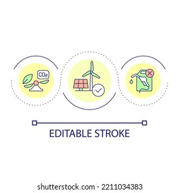 Icono de concepto de bucle de fuentes de energía sustentables. Generación de energía limpia. Ilustración alternativa de la idea abstracta de combustible en línea delgada. Dibujo de contorno aislado. Trazo editable. Tipo de letra arial utilizado