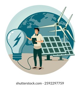 Sustainable Energy Sources. Solar panels, wind turbines, and sustainable energy, symbolizing renewable resources and environmental conservation. Flat vector modern illustration 
