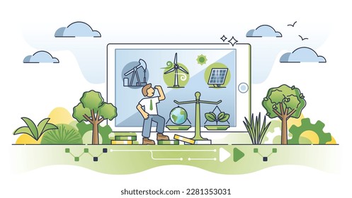 Sustainable energy transition from fossil to nature friendly outline concept. Environmental electricity transformation with new solar or wind methods to produce green power vector illustration.