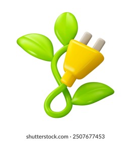 Sustainable energy vector 3d icon. Electric plug with green cord and leaves. Solar, wind or water renewable energy concept. Green electricity production illustration isolated