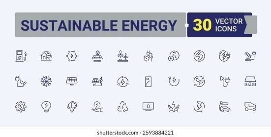 Sustainable Energy vector icon set. Featuring water, solar panel, power, station, renewable energy, light and more. Perfect for logos and infographic. Editable stroke icon collections.