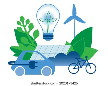 Sustainable energy vector. Solar power and wind turbines ecofriendly lifestyle. Green renewable energy concept. 