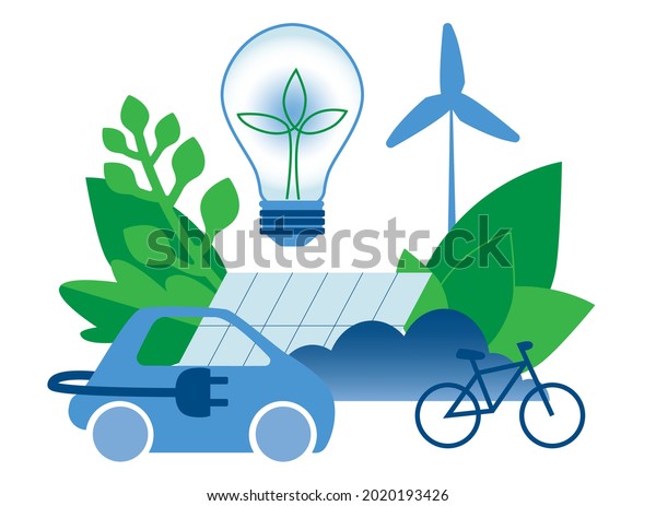 Sustainable energy\
vector. Solar power and wind turbines ecofriendly lifestyle. Green\
renewable energy concept.\
