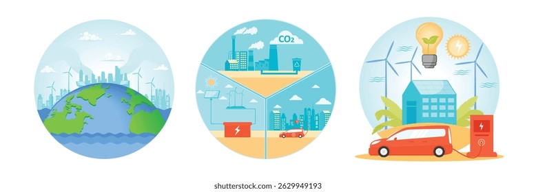 Sustainable energy with wind turbines around the globe. Energy generation from renewable sources. Electric vehicle charging. Renewable Energy Concept.