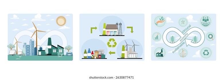 Sustainable energy with wind turbines, solar panels, and modern eco friendly buildings. Recycling process, sustainable energy generation. Promoting sustainability, resource efficiency.