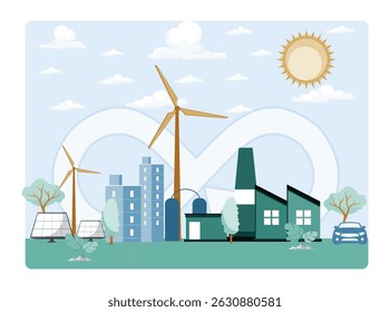 Sustainable energy with wind turbines, solar panels, and modern eco friendly buildings with nature, promoting clean and renewable energy technologies for a greener future.