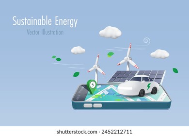 Medio ambiente sostenible, energía alternativa con coche eléctrico, panel solar y turbina eólica en el mapa del teléfono inteligente para un medio ambiente limpio y verde. Vector 3D creado a partir de software gráfico.