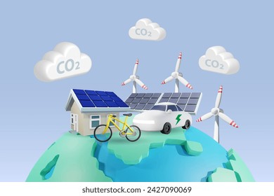 Sustainable environment, alternative energy with solar panel, wind turbine, EV car and bicycle on world, to reduce CO2 carbon emissions clouds. 3D vector created from graphic software.