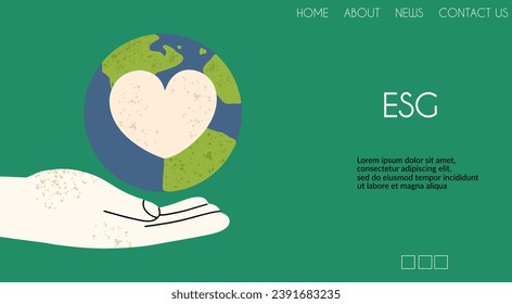 Sustainable environment banner. Design template with hand and Earth.  ESG and Ecology concept. Vector illustration for website, landing page