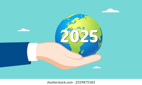 Sustainable environment development goals on 2025 new year, ESG, SDGs, net zero, sustainability management environmental for save world, emission carbon neutral, hand carrying a globe with year 2025