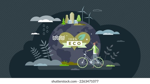 Sustainable environment and ecological society lifestyle tiny person concept. Nature friendly and green thinking as alternative energy usage and recyclable material consumption vector illustration.