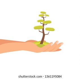 Sustainable Environment Flat Vector Illustration. Hand Holding Green Tree Isolated Cartoon Design Element. Ecology. Nature Protection, Saving. Sprout Planting, Volunteering. Eco-friendly. Arbor Day