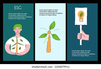 Sustainable environment green set of design templates, flyers. ESG concept. Vector hand drawn illustration