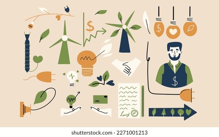 Sustainable environment icons set. ESG conceptual elements. Vector illustration in flat style