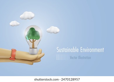 Sustainable environment and nature protection. Hand holding lightbulb with growing tree inside in clean environment. Creative idea for sustainable development goal in renewable energy. 3D vector.