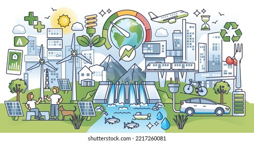 Escenario ambiental sostenible con un concepto de ciudad inteligente eficaz. Vida del ecosistema urbano con suministro de energía natural y alternativa, uso de energía verde en la moderna ilustración de vectores comunitarios.