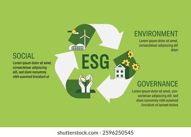 Sustainable ESG, Environmental, Social, and Corporate Governance concept. Green renewable energy, Ecology and Environment conservation. Flat Vector Illustration.