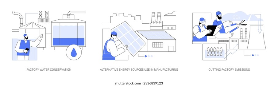 Conjunto de ilustración vectorial de concepto abstracto de fábrica sostenible. Conservación del agua de fábrica, uso de fuentes de energía alternativas en la manufactura, reducción de emisiones de las fábricas, metáfora abstracta del cuidado de la ecología.