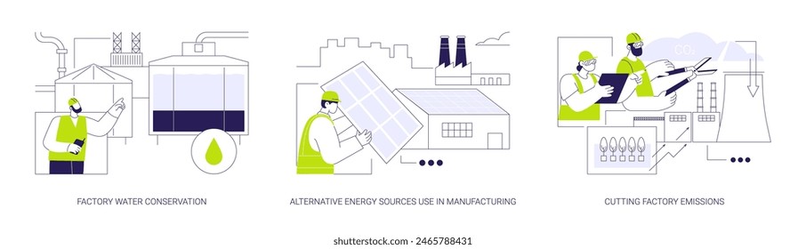 Conjunto de Ilustración vectorial de concepto abstracto de fábrica sostenible. Conservación del agua de las fábricas, uso de fuentes de energía alternativas en la fabricación, reducción de las emisiones de las fábricas, cuidado de la ecología metáfora abstracta.