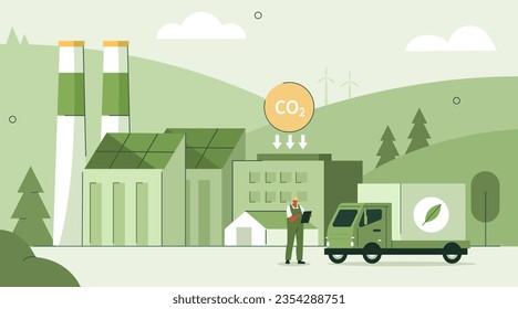 Nachhaltiges Fabrikkonzept. Charakteristika, die in der nachhaltigen Energieerzeugung tätig sind und umweltfreundliche Energietechnologie verwenden, um die CO2-Emissionen und ihre Auswirkungen auf das Klima zu verringern. Vektorgrafik