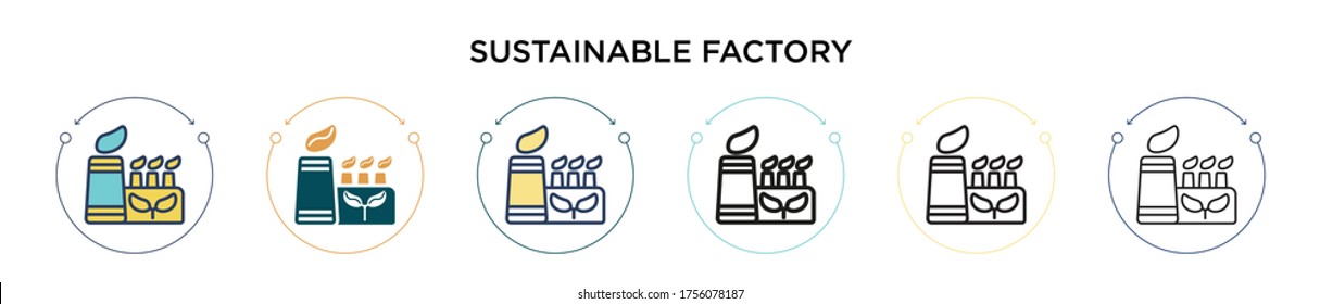 Sustainable factory icon in filled, thin line, outline and stroke style. Vector illustration of two colored and black sustainable factory vector icons designs can be used for mobile, ui, web