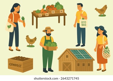 Sustainable Farm Market Set Flat Vector Elements of Eco Farm, Farmers, Compost, Chickens, and Organic Produce