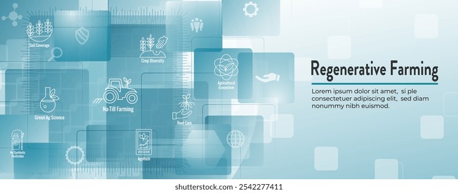 Conjunto de íconos de agricultura sostenible con maximización de la cobertura del suelo e integración de ejemplos de ganado para el conjunto de íconos de agricultura regenerativa y el Anuncio de encabezado de Web
