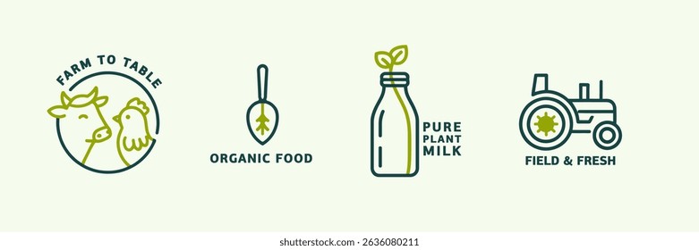 Sustainable farming icons for organic food and plant-based milk branding