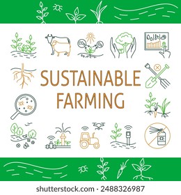 Sustainable farming poster in line style. Organic agriculture concept. Vector illustration.