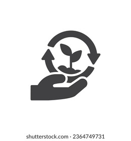 Sustainable farming vector icon. Hand with spout and arrows filled flat sign for mobile concept and web design. Sustainable agriculture glyph icon. Symbol, logo illustration. Vector graphics