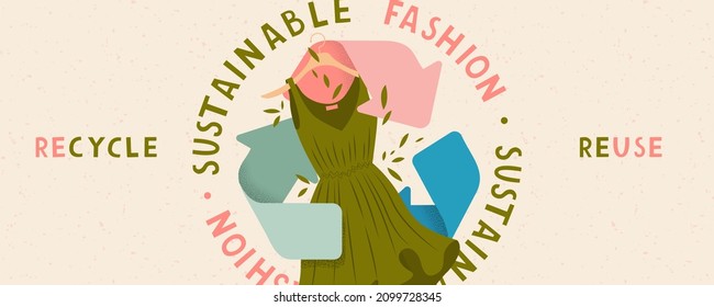 Sustainable fashion. Banner with second hand clothes. Eco-friendly environment. Doodle vector illustration.