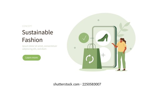 Sustainable fashion. Character buying shoes made from recycled high quality materials at online marketplace. Conscious consumption to minimize environmental impact. Reduce, reuse, recycle concept.