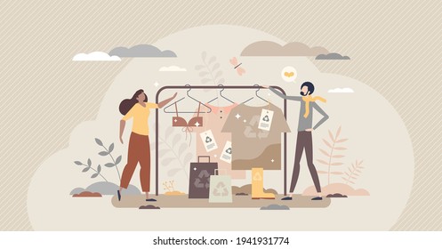 Sustainable fashion choice with recyclable clothes wear tiny person concept. Second hand retail shop with reusable production and outwear vector illustration. Ethical and responsible manufacturing.