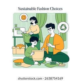 Sustainable Fashion Choices illustration focuses on family engagement in eco-friendly sewing practices at home. It promotes creativity and environmentally conscious lifestyle choices through hands-on