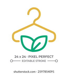 Sustainable fashion colorful line ui icon. Clothes hanger with fresh leaves. Eco friendly garment. Selling outfit. Isolated vector duotone linear symbol. User interface element, pixel perfect
