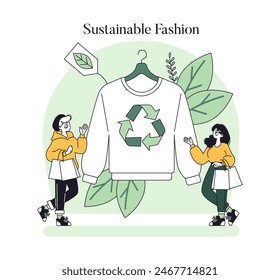 Concepto de moda sostenible. Vestimenta ecológica en exhibición, ya que las personas aprecian las opciones de ropa reciclada. Promoción de prendas ecológicas. Ilustración vectorial.